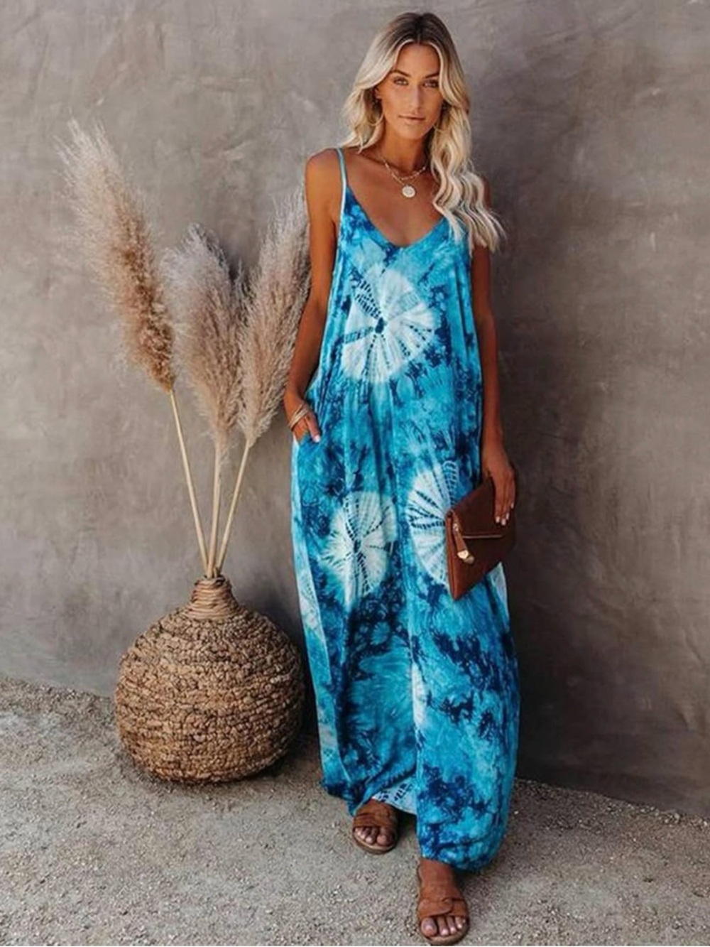 Blue Tie-Dye V-Neck Maxi Dress with Spaghetti Straps